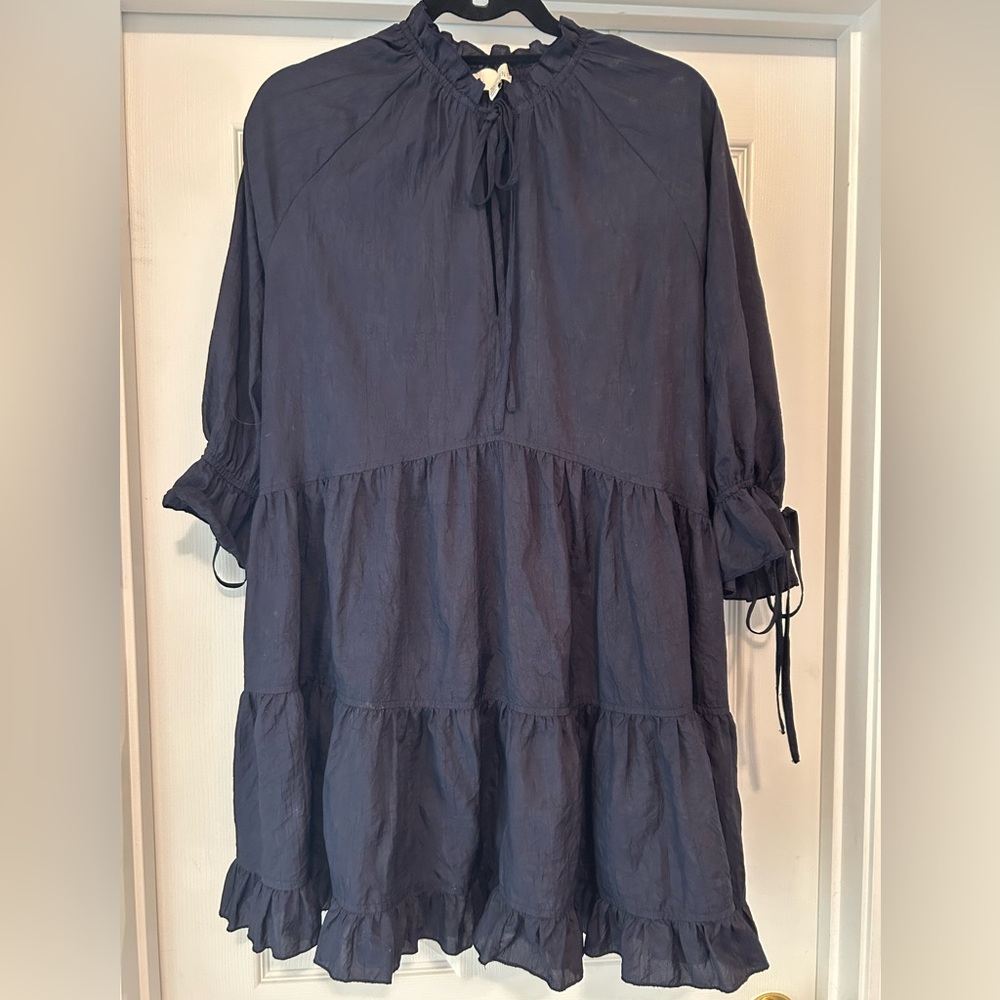 Pinch Mini Dress Womens Size Large EUC 3/4 Sleeve Crinkled Tiered Navy Blue